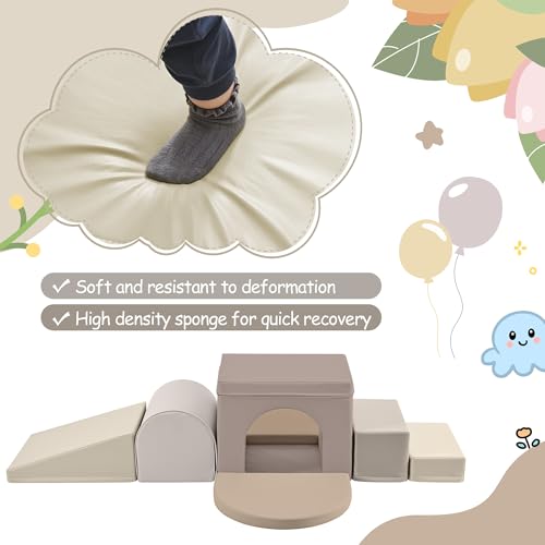 Merax Indoor Soft Foam Tunnel Climber, Toddler Climbing Toys with Tunnel | Soft Climb and Crawl Playset Baby Soft Foam Blocks with Steps and Ramp, 7-piece - color: Cappuccino