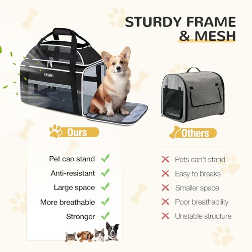 Lekereise Top-Expandable Pet Carrier 18x11x11Inch Delta American United Airline Approved Soft Sided Underseat to 15lbs Travel Carriers for Small Dogs Cats with Locking Safety Zippers Anti-Scratch Mesh - color: Black