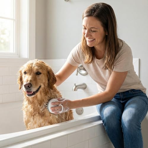 Dog Bath Brush, Gray Silicone Scrubber with Soft Spikes and Loop Handle for Shampooing, Compact Round Grooming Tool for Tub Sink or Shower Use