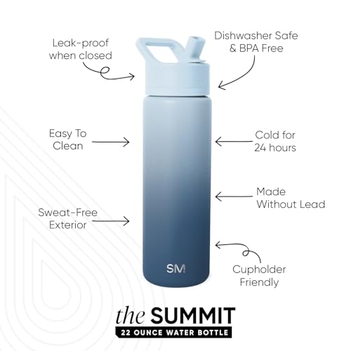 Simple Modern Insulated Water Bottle with Straw | 22oz | Ombré | Summit Stainless Steel Water Bottles, Metal Cup | Leak Proof for School, Gym, Travel, Sports | Stormy Skies - color: Ombre: Stormy Skies, style: 22oz