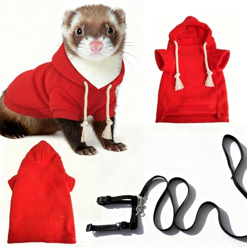 Small Pet Harness Vest and Leash Set Ferret Clothes Hoodies for Ferrets for Outdoor Walking Rabbit Ferret Guinea Pig Bunny Hamster Puppy Kitten (red Clothes + Leash) - color: red clothes + leash