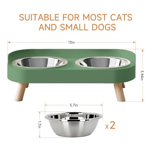 Elevated Cat Bowl, Raised Cat Food and Water Bowl Set for Indoor Cats, Splash Proof with 2 Stainless Steel Pet Food Bowls for Cats and Puppies, Whisker Fatigue and Dishwasher Safe - Green - color: Cat Bowls-Green