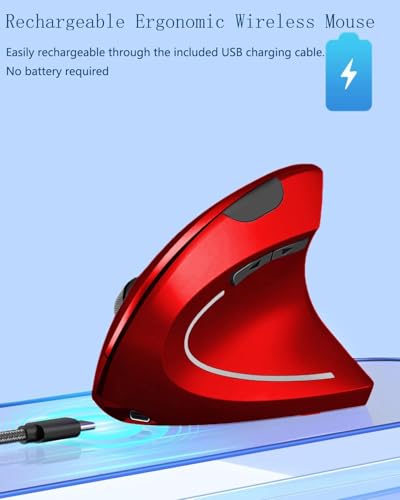Ergonomic Mouse, Vertical Wireless Mouse 2.4G Rechargeable Optical Vertical Mouse High Precision Optical Mouse Adjustable800/1200/1600 DPI 6 Buttons, for Laptop etc, Red,Specially for Right-handers - color: Red - Right hand - rechargeable