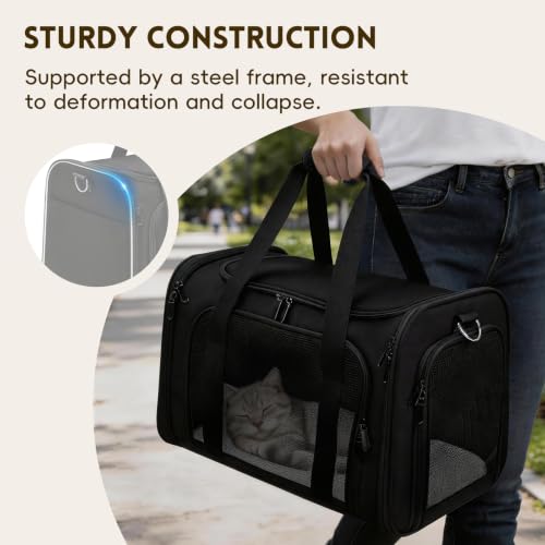 Cat Carrier Soft, Dog Carriers for Small Dogs/Large Cats (Up to 16lbs), with High Breathability, Shoulder Strap, Removable Pad, Pet Carrier Airline Approved, for Home Outdoor Travel (Black) - color: Black