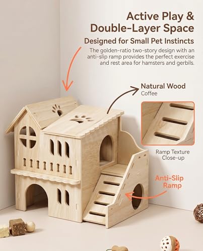 Large Wooden Hamster House & Gerbil Hideout – 8.5" Double-Decker Maze Hut with Slide, Multi-Level Small Animal Cage Accessory for Dwarf Hamsters, Mice, Rats, Gerbils﻿ - color: WOOD