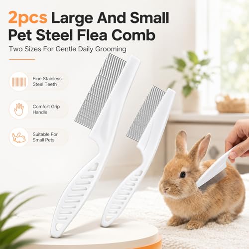 2Pcs Flea Combs, Fine Tooth Rabbit Brush, Stainless Steel Rounded Teeth Bunny Brush for Grooming, Guinea Pigs, Cats, Dogs, Chinchillas, Ferrets and Rabbits