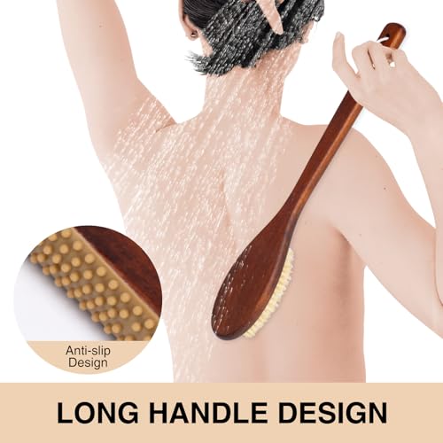 Wooden Bath Brush with Stiff Sisal Bristles Long Handle for Shower Back Scrubber Body Exfoliator, with Hook for Hanging (Stiff Sisal Hair) - color: Stiff Sisal Hair