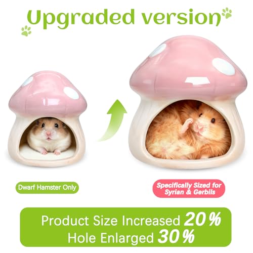 BNOSDM Ceramic Hamster Hideout and Food Bowl Set Cute Mushroom Shape Hamster House and Habitat Cool Hamsters Hide Suitable for Syrian, Mice, Dwarf Hamsters, Gerbils (Pink) - color: Pink Hideout Duo