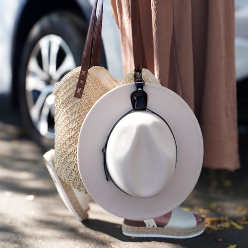 Hat Clip for Travel, Cap Holder Strap for Bags | Faux leather tab, zinc alloy clasp, fits baseball snapback and ponytail caps, mouse ear holder, hands free travel - color: Black