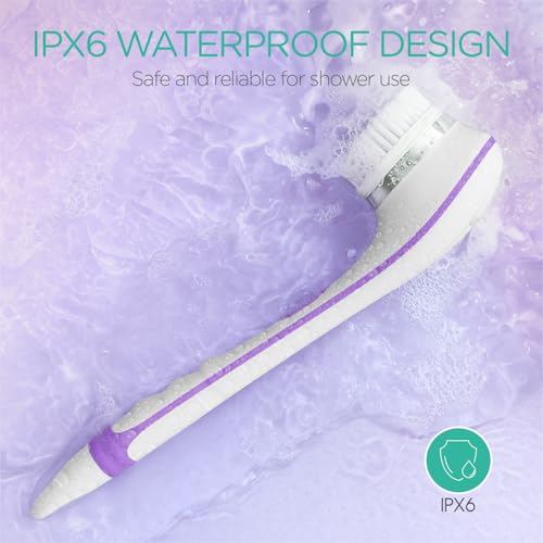 VOYOR Electric Body Brush for Showering, Back Scrubber for Shower, Purple | Rechargeable Exfoliating Bath Brush Powered Shower Brush Non-Slip Long Handle Deep Cleansing, Massaging Brush Women Men BC100 - color: Purple