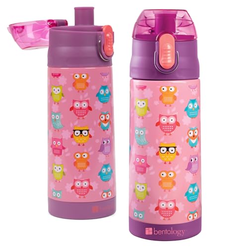 Bentology Stainless Steel 13 Oz Reusable Water Bottle for Kids, Owl | Double Wall Insulated, Spill Proof Lid W/Built-in Straw- Keep Liquids Hot or Cold- Easily Fits in Lunch Boxes & Bags - color: Owl