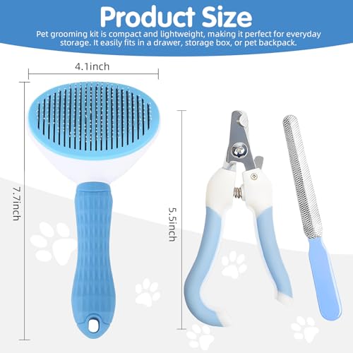 Aglads 3PCS Cat Rabbit Bunny Dog Grooming Kit, Self-Cleaning Slicker Cat & Dog Brush for Shedding, Fine-Needle Comb, Pet Nail Clipper & File for Long/Short-Haired Pets, Easy to Remove Loose (3, blue) - color: BLue