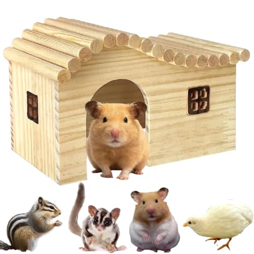 Hamster Wood Hideout Hut with Window Small Animal Wooden House for Rat Sugar Glider Gerbil Syrian Hamster Button Quail (Medium) - size: Medium