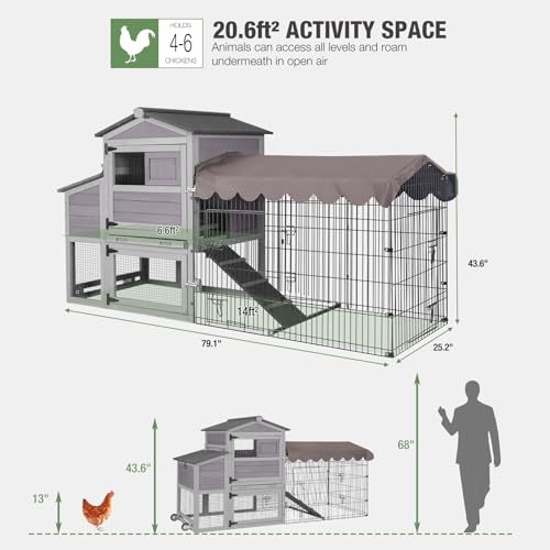 Mobile Chicken Coop with Run, Large Outdoor Wooden Poultry Cage Hen House with Wheels, Nesting Box, Pull-Out Tray, Waterproof Roof, Grey, 79.1" L x 25.2" W x 43.6" H, for 4-6 Chickens - size: 79.1"L x 25.2"W x 43.6"H
