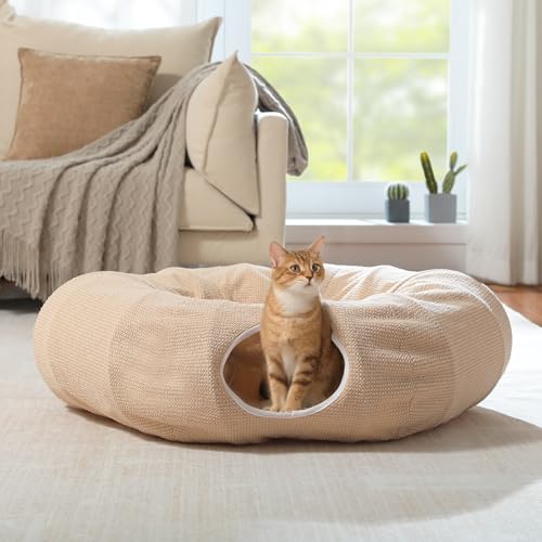 PEQULTI Cat Donut Tunnel with Bed for Indoor Cats, Cat Play Tunnel with Washable Soft Plush Mat, Round Tube Toys Cute Tube for Kittens, Puppies, Rabbits and Ferrets, Beige - color: New Beige