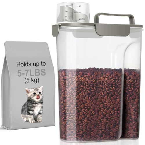 LEAWALK 5-7Lbs Cat Dog Pet Food Storage Container with Large Nozzle Design/4 Safety Buckles/Double-Layer Sealing Strips/Handle/Measuring Cup is Easy to Clean and Does -Khaki - color: Khaki, size: 5L-1pack