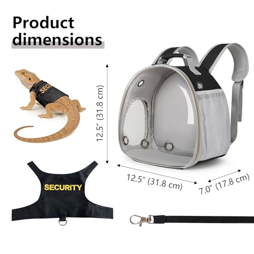 Bearded Dragon Carrier Backpack with Security Printing Harness Leash Set, Reptile Lizard Space Capsule Astronaut Clear Bubble Window Travel Carrier for Small Animal Guinea Pig(Black, Security Harness) - color: Black