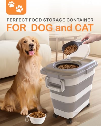 25-28Lbs Dog Food Storage Container Airtight,Collapsible Pet Food Storage | Dog Food Container with Handle,Wheels,Double Airtight Seal Fresh,Save Space,Pest/Mouse-proof,Small Cat Food Container,Scoop - color: Grey/25-28 Lbs