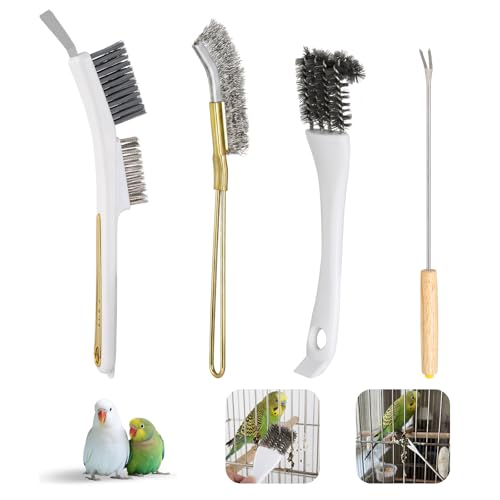 Bird Cage Accessories Bird Poop Remover Brush, Bird Cage Cleaner Brush for Poop Off Bird Poop Remover, Parrot Cage Cleaning Brush Tools for Parakeet Small Animal Cage and Bird Cage Perch Cleaner 4Pcs
