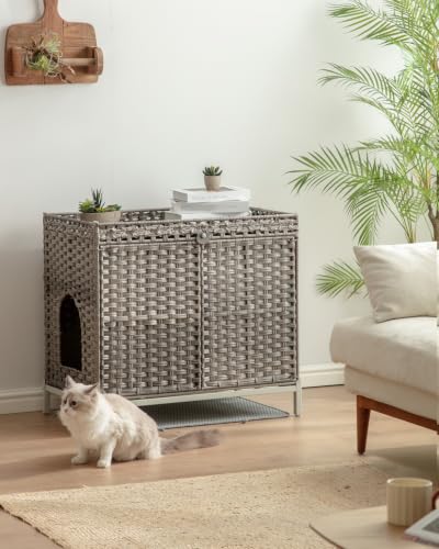 SETVSON Cat Litter Box Enclosure Furniture with Divider, Cat Cabinet,Gray | Handwoven PE Rattan with Soft Mat, 3.54-In Heightened Metal Feet, 2 S-Hooks, 31.2 x 19.6 x 24.2 Inches Spacious Cat Furniture - color: Grey