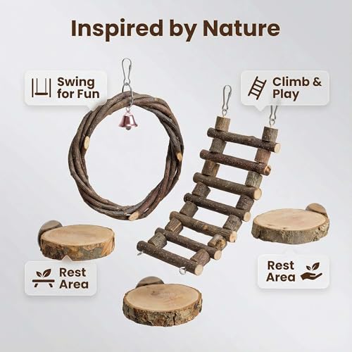 FLAdorepet 5Pcs Wood Sugar Glider Cage Accessories Small Pet Climb Chew Toy | Included Swing Ladder and 3 Platforms;Natural Apple Wood;Easy Cage Installation,Chewing Climbing Toys for Sugar Gliders Bird