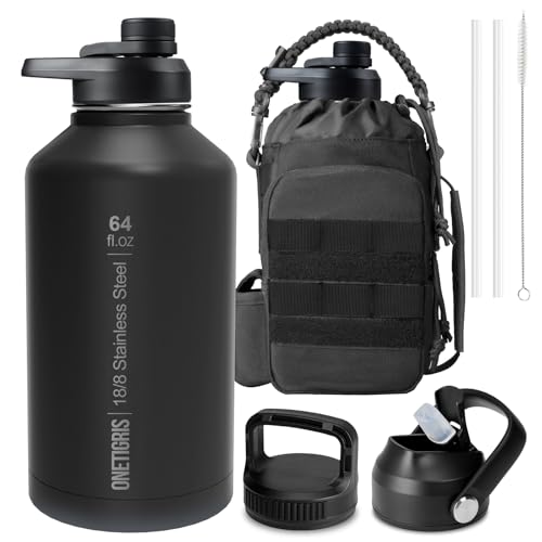 ONETIGRIS 64oz Tactical Insulated Water Bottle with 3 Lids & MOLLE Pouch | 48H Cold & 24H Hot Double Wall, 304 Stainless Steel Wide Mouth, BPA Free Leakproof Silicone Seal, Paracord Handle Easy Carry - color: Black