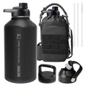 ONETIGRIS 64oz Tactical Insulated Water Bottle with 3 Lids & MOLLE Pouch | 48H Cold & 24H Hot Double Wall, 304 Stainless Steel Wide Mouth, BPA Free Leakproof Silicone Seal, Paracord Handle Easy Carry - color: Black