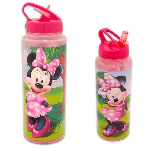 Disney Minnie Mouse Reusable Water Bottle Set - Bundle of 30oz Plastic Sports Tumbler Cup with Spout Plus Sticker, and More | Minnie School Supplies