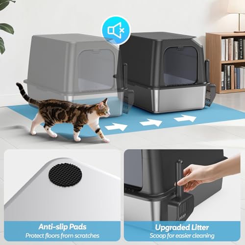 XL Stainless Steel Litter Box with Lid, Enclosed Cat Litter Box,Front Entry | XL for Big Cats, High Sides Enclosed Design, Anti-Urine Leakage, Non-Stick Odor-Free, Easy Clean, Reduce Litter Tracking - color: 10 - Dark Gray (Pack of 1)