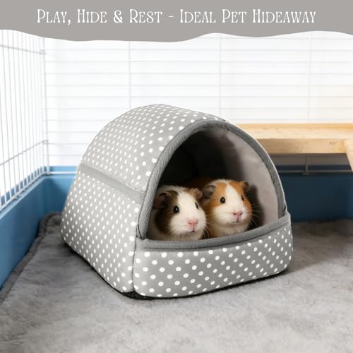 Guinea Pig Hideout with Cuddle Pouch - Washable Dwarf Rabbit Bed, Durable Fabric with Soft Lining - Small Animal Cage Accessories - Grey Dot - color: Grey
