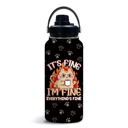 Cat 32oz Water Bottle, with Handle Lid Bottle, Sport Insulated Cup | 32oz Stainless Steel Tumbler, Leak-proof Coffee Mug, Thanksgiving Christmas Birthday Gift for Cat Lovers - color: Fine