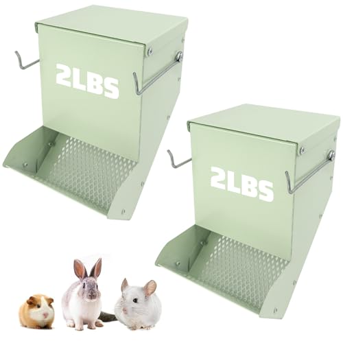 2 Pcs Metal Small Animal Feeder for Cages, Large Capacity Food Dispenser with Lid, Great for Rabbits, Guinea Pigs, Chinchillas,Chicken and Other Small Animals(4.7 Inches,Light Green)