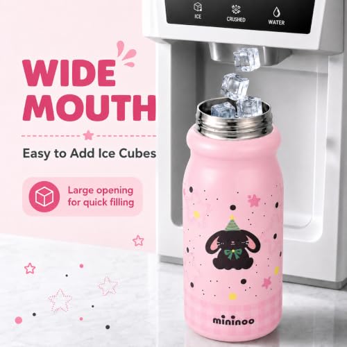 Mininoo 18oz Insulated Stainless Steel Kids Water Bottle for School, Bunny | 2-in-1 Straw & Spout Lid, Leak-Proof, BPA-Free, for Girls & Boys, Pink - color: 18oz Light Pink-Bunny