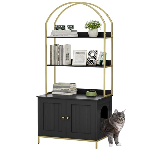Homhedy Cat Litter Box Enclosure with 2-Tier Shelves, Black and Gold | Litter Box Furniture Hidden, Indoor Cat House, Wooden Cat Washroom Furniture with Metal Frame, Modern Style - color: Black and Gold