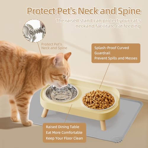 Elevated Cat Bowl with Food Mat, Raised Cat Food and Water Bowl Set for Indoor Cats, Splash Proof with 2 Stainless Steel Pet Food Bowls for Cat and Puppies,Whisker Fatigue and Dishwasher Safe (Yellow) - color: Cat Bowls with mat - yellow