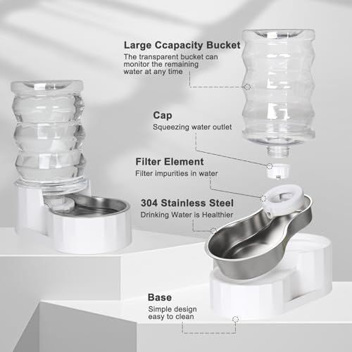 RIZZARI 6.5L Stainless Steel Dog Water Dispenser:Anti Spill for Medium Dogs | Stainless Steel Bowl / No Electricity / Gravity Auto Refill / Stable Base / Easy Cleaning / Home Use - color: White, size: 6.5L