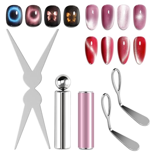 Cat Eye Magnet Set for Nails, Double head Pink Metal Cylindrical Magnet Tool with Bead Scissor-shaped Black Hole Nail Magnetic for French Effect at Home Salon DIY Nail Art Kit - color: silver, pink