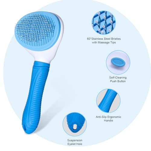 Aogeili Self Cleaning Slicker Brush, Skin Friendly Deshedding Grooming Tool for Dogs, Cats & Bunny, One-Click Release Removes Loose Undercoat, Mats & Tangles, for Long & Short Hair Shedding Pets - color: Blue