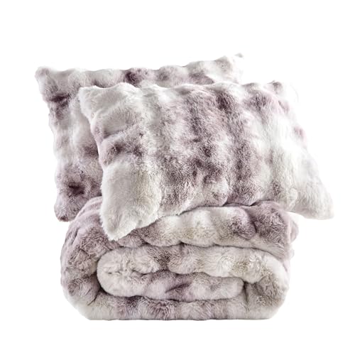 Fredsure Faux Rabbit Fur Comforter Set, 3 Pieces Tie Dye Purple King, Faux Rabbit Fur Face and Microfiber Reverse - color: Tie Dye Purple, size: King