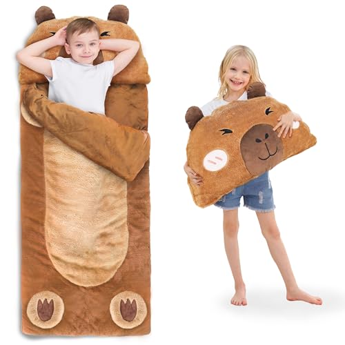 iPlay, iLearn Kid Capybara Sleeping Bag, Toddler Boys Girls Daycare Nap Mat | 2 In 1 Plush Animal Slumber Bag, Brown Pillow, Happy Travel Sleepover Preschool Birthday Gift for Age 3 4 5 6 7 8 10 12 Child - style: Capybara