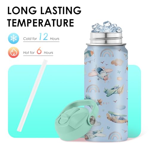 Airplane Gifts - 16oz Kids Blue Airplane Water Bottle with Straw Lid, Stainless Steel Insulated Tumbler, Leakproof, BPA-Free, for Boys, School, Travel - Helicopter Pilot Lovers Birthday Gift Cup (1pc) - color: Helicopter, size: 16 Ounces