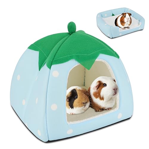 BWOGUE Guinea Pig Bed Hideout, Washable Hamster Cave for Small Animals | Removable Cushion for Cleaning, Warm Fleece Nest, Washable Bed, 10 x 9.8 x 9 in, Dwarf Rabbits Hedgehogs - color: Strawberry Blue