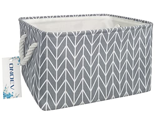 Rectangular Thick Collapsible Grey Chevron Storage Bin | Sturdy Thick linen EVA fabric,soft cotton rope handles, large chevron print for bedroom, closet, bathroom supplies - color: REC Thick Grey point