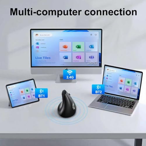 Ergonomic Bluetooth Mouse, Wireless Rechargeable Vertical Mouse for Carpal Tunnel with USBC & BT 5.0/3.0 & 2.4G Connect, Silent, Easy to use, 6 Buttons for Laptop PC MacBook Desktop Computer - color: Black