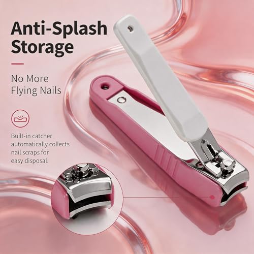 PAFASON Ultra Sharp Nail Clipper Set, Fingernail and Toenail Trimmer Cutter, Stainless Steel, Curved Blade, Sturdy, Nail Catcher, Nail Files for Men and Women - color: Pink