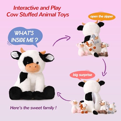 Cow Stuffed Animals Mommy with 4 Baby Cows Toys Gifts for Girls Children | Cute Stuffed Plush Toys Set for Toddlers Kids Ages 0-8+, Christmas Birthday Baby Shower Party Decor Storytime Companion Gifts - style: Cow