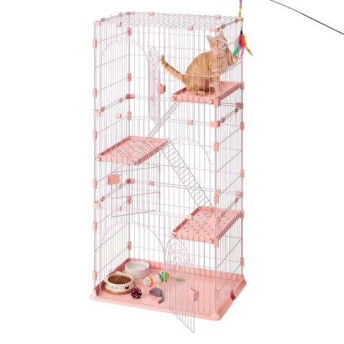 VEVOR Cat Cage 4-Tier 33.07"x23.82"x64.37" DIY Cat Playpen with Ladders, Indoor Enclosure Detachable Metal Wire Kennel Crate, Large Exercise Place for 1-2 Cats, Kittens, Ferrets & Small Animals, Pink - size: 33.1"L x 23.8"W x 64.4"H