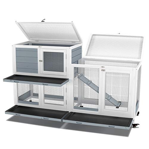 GDLF 58" Rabbit Hutch, Bunny Cage Indoor with Wheels & Cleaning Tray | 58"L x 17.8"W x 34.6"H, 2-Level Design with Wheels, Ramp & No-Leak Cleaning Tray for Rabbits, Guinea Pigs and Small Animals
