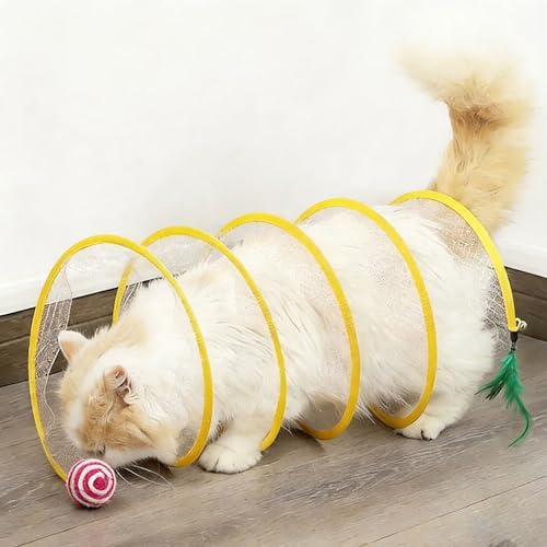 Andiker Cat Tunnel Toy, 10inch Collapsible Metal Cat Spring Toy with Nylon Mesh, Feather, Mouse, and Bell, Interactive Cat Toys for Indoor Cats to Scratch, Puzzle, Relax and Kill Time (Ball) - color: Ball