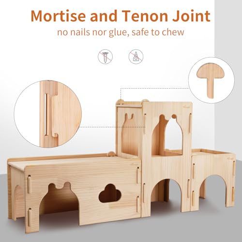 Niteangel Wooden Rabbit Castle and Hideout - Spacious and Breathable Bunny House Tunnel for Rabbit Chinchilla Guinea Pigs or Other Small-Sized Pets (Full Set Castle)